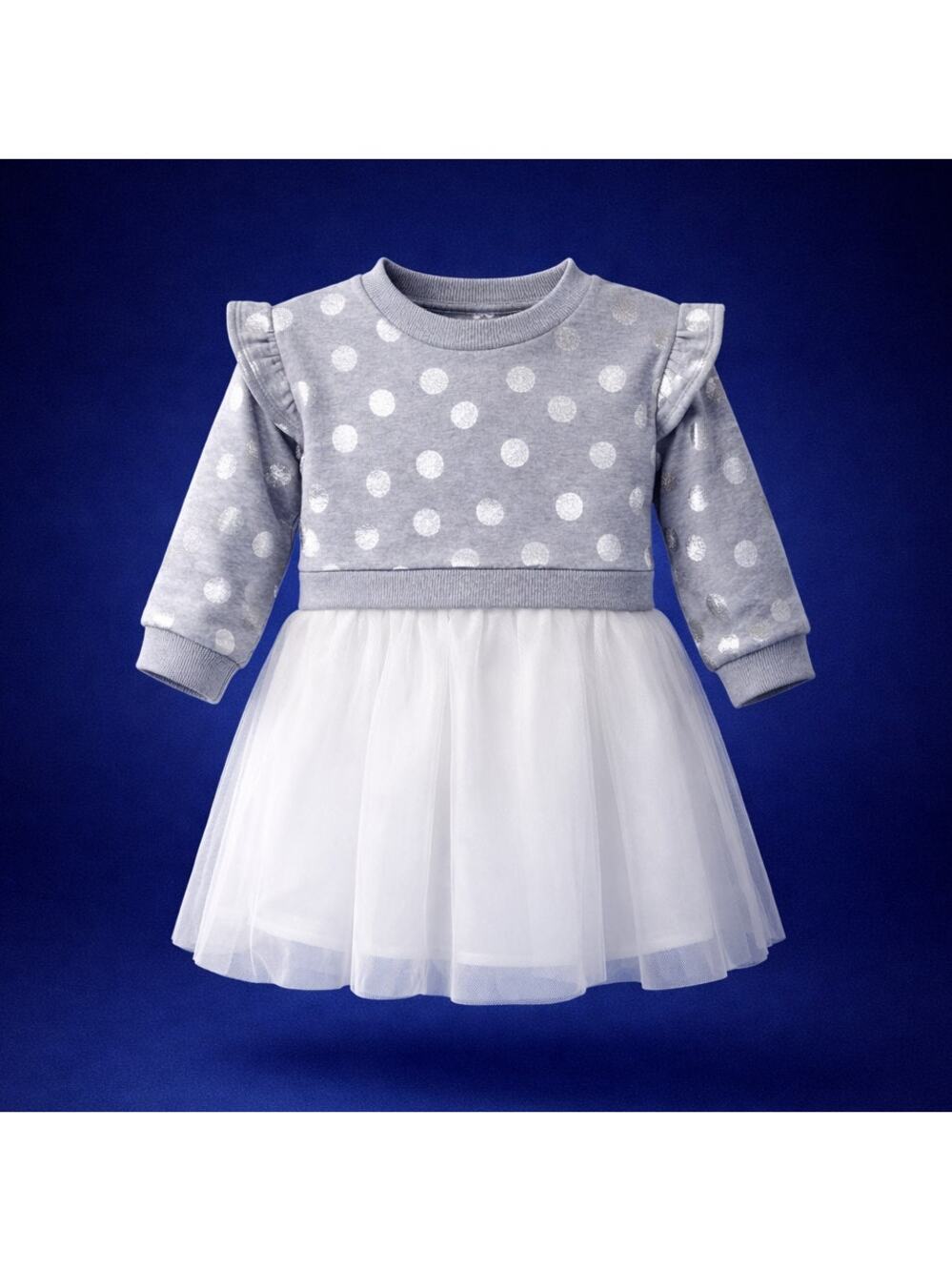 Roots & Threads Toddler Girls Sweatshirt Dress 18M Gray Silver Polka Dot Tulle